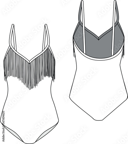women swimsuits technical drawing,  tassel details