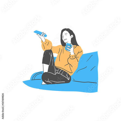 illustration of woman drinking coffee while watching tv