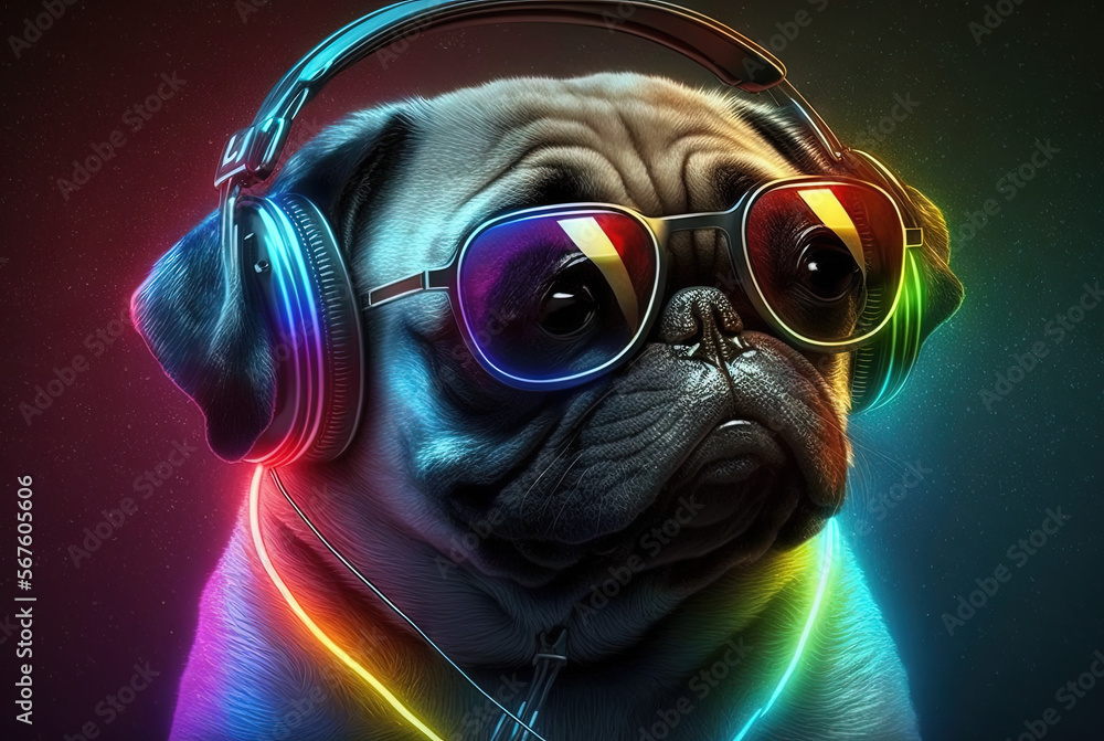 Cool neon party dj pug in headphones and sunglasses, generative ai