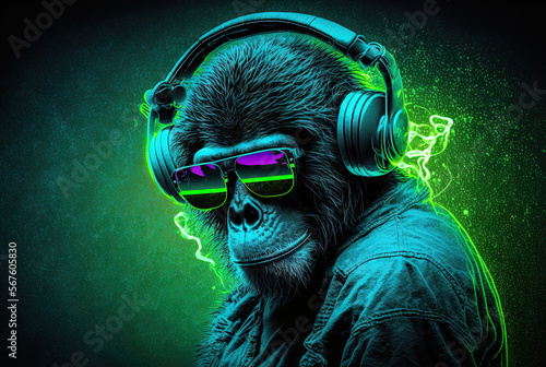 Cool neon party dj cat in headphones and sunglasses