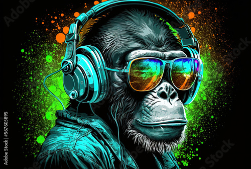 Cool neon party dj monkey in headphones and sunglasses, generative ai
