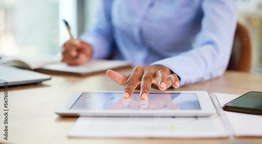 Black woman, hands or tablet chart of growth data analytics, global research or financial investment management. Zoom, worker or employee on technology budget review, business statistics or finance Black woman, hands or tablet chart of growth data analytics, global research or financial investment management. Zoom, worker or employee on technology budget review, business statistics or finance