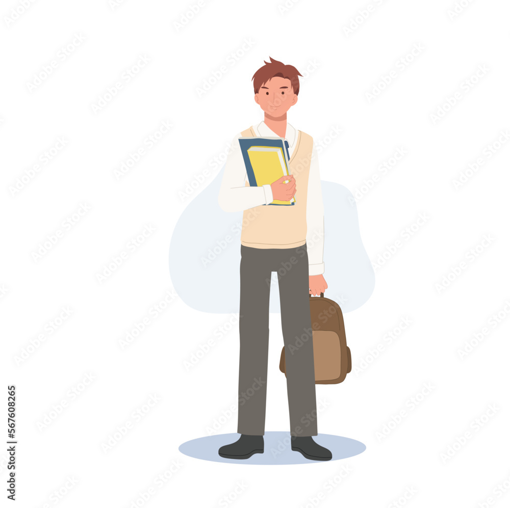 Korean student character. Full length of Male student in school uniforms holding book and bag. Learning and Education concept.