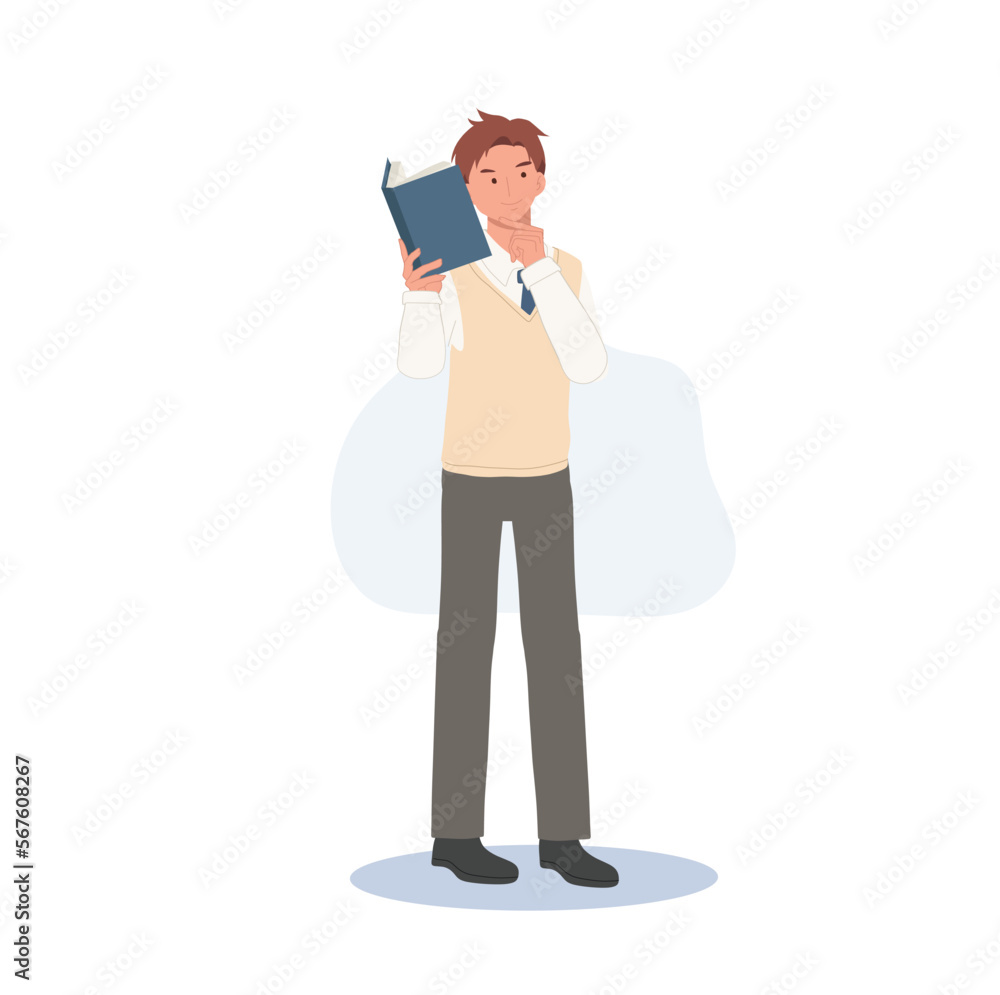 Korean student character. Full length of Male student in school uniforms holding a book and thinking something. Learning Education concept. Korean student character. Full length of Male student in school uniforms holding a book and thinking something. Learning Education concept.