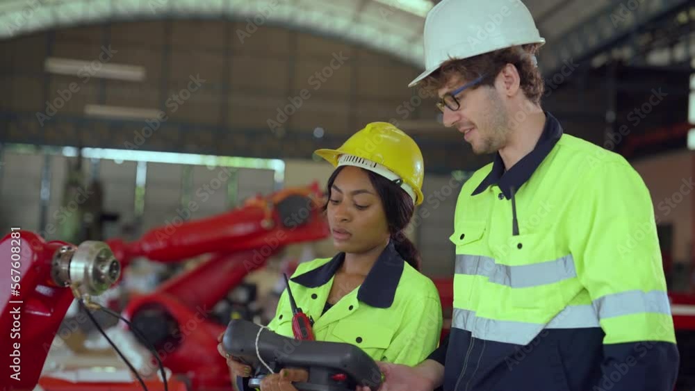 Team engineer controlling robot arm at factory. They checking the operation of robot arm. Technology, automation, innovation and engineering concept. Team engineer controlling robot arm at factory. They checking the operation of robot arm. Technology, automation, innovation and engineering concept.