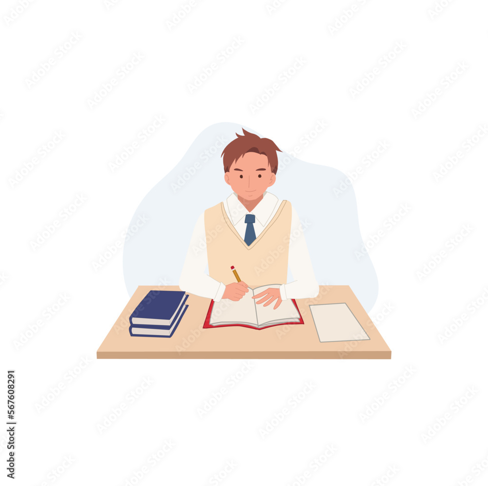 Learning and Education concept. Korean student character is learning in the classroom. writing in the notebook. Learning and Education concept. Korean student character is learning in the classroom. writing in the notebook.