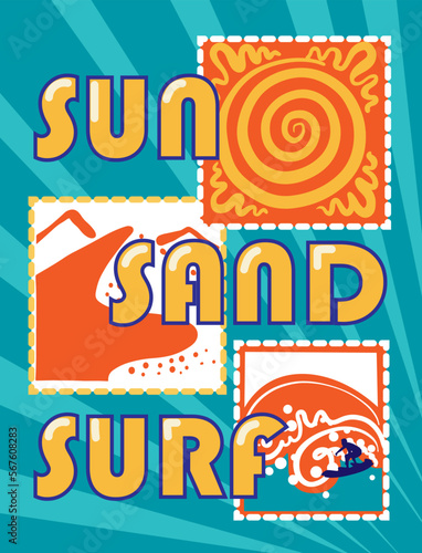 Sun sand serf icon set illustration. Vintage look ideal for print shirt.