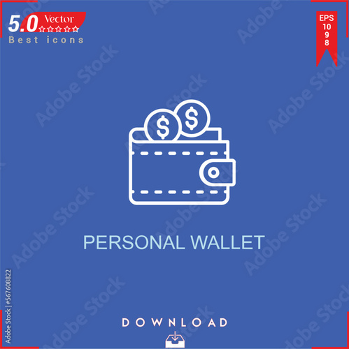 PERSONAL WALLET icon vector on blue background. Simple, isolated, flat icons, icons, apps, logos, website design or mobile apps for business marketing management,
UI UX design Editable stroke.EPS10