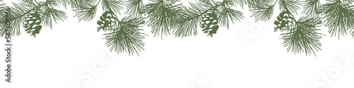 Seamless vector border with pine branches and cones