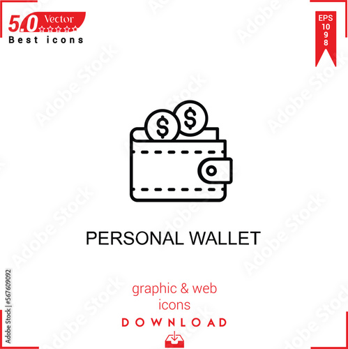 PERSONAL WALLET icon vector on white background. Simple, isolated, flat icons, icons, apps, logos, website design or mobile apps for business marketing management,
UI UX design Editable stroke.EPS10 