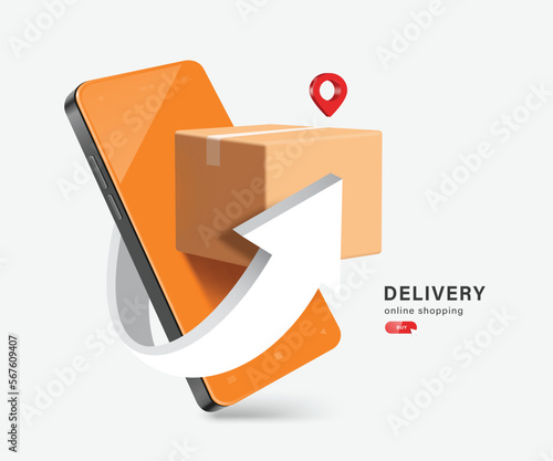 Slika na platnu White arrow revolve around smartphones and parcel boxes or cardboard boxes
