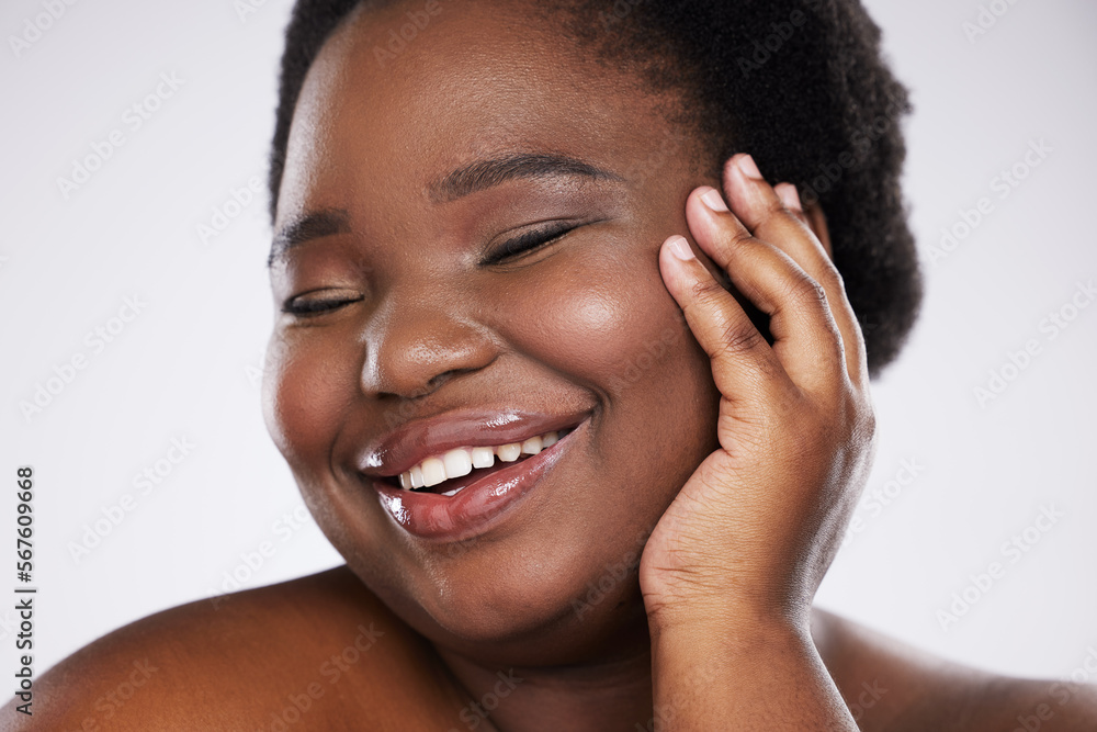 Skincare, black woman and cosmetics for dermatology, smile and confident girl on grey studio background. African American female, lady and makeup for beauty, grooming or salon treatment for body care Skincare, black woman and cosmetics for dermatology, smile and confident girl on grey studio background. African American female, lady and makeup for beauty, grooming or salon treatment for body care