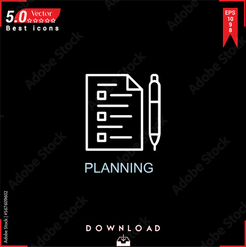 PLANİNG icon vector on black background. Simple, isolated, flat icons, icons, apps, logos, website design or mobile apps for business marketing management,
UI UX design Editable stroke. EPS10