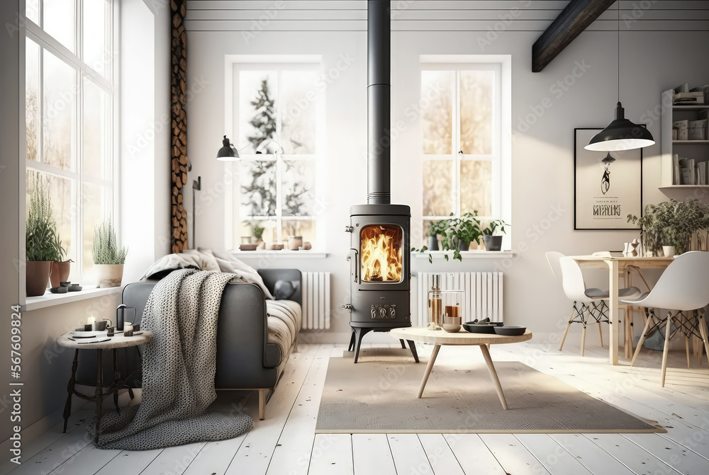 Modern home interior with fireplace Scandinavian, 3d render Generative AI Modern home interior with fireplace Scandinavian, 3d render Generative AI