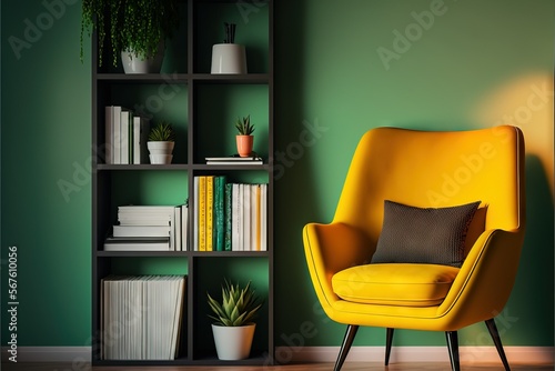 Stylish and modern cozy interior with yellow armchair, bookshelf, and green wall. AI