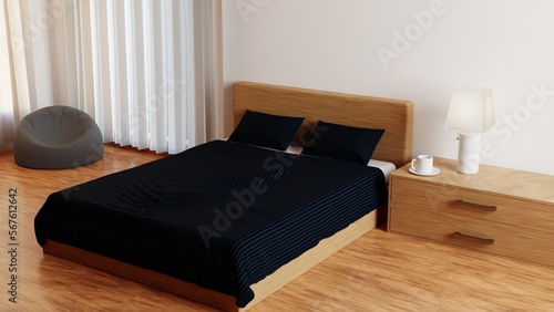 Modern bedroom interior with minimalist concept on 3d rendering. 3d render interior illustration