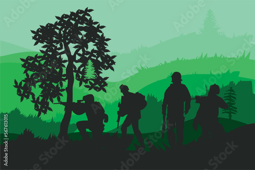 vector silhouettes of soldiers Police  cowboy  group 1 team various styles holding weapons  preparing for battle  fight  style  green clothes isolated on forest background