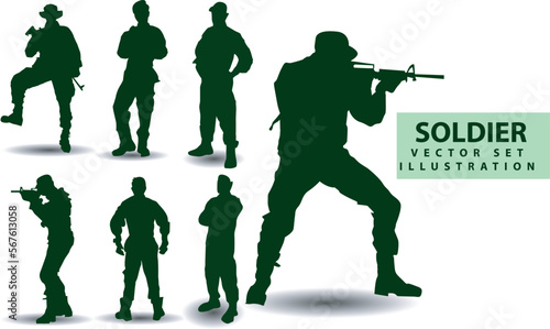 vector silhouettes of soldiers,Police, cowboy, group 1 team various styles holding weapons, preparing for battle, fight, style, green clothes isolated on white background