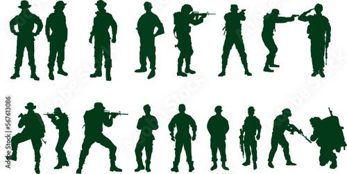 vector silhouettes of soldiers,Police, cowboy, group 1 team various styles holding weapons, preparing for battle, fight, style, green clothes isolated on white background