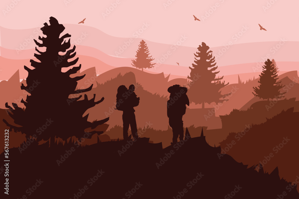 1 team hiker, backpaker, tourists standing in mountain landscape with forest under sunset sky, with clouds and flying birds, tree 