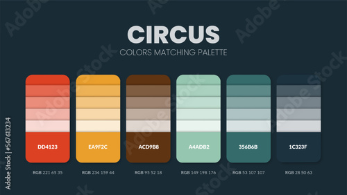 Color palette in Circus colour theme collections. Color inspiration or colour chart with codes template. Color combination set of RGB. Colors swatch for graphic design, art, fashion, or web design.
