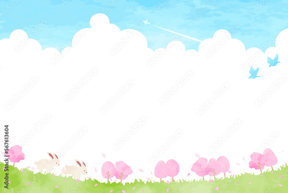 ほのぼの可愛いウサギと春の風景イラスト