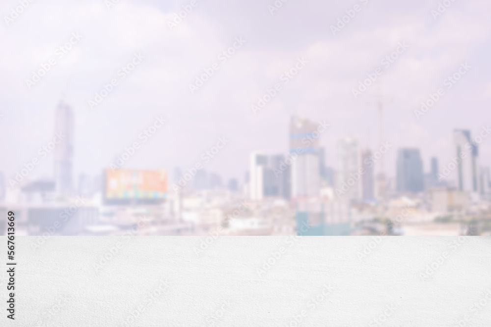 White Concrete Floor with Blurred Scenery of Cityscape Background.
