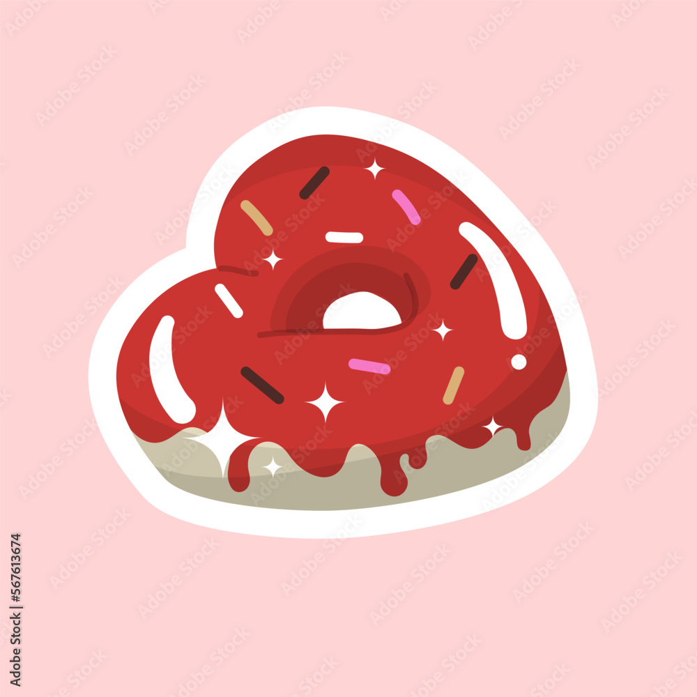 Obraz premium Heart-shaped donut covered with glaze and sprinkled with sweet crumbs. Happy Valentines Day. All lovers Day decoration element. Delicious food, sweets. Flat style in vector illustration. Isolated.