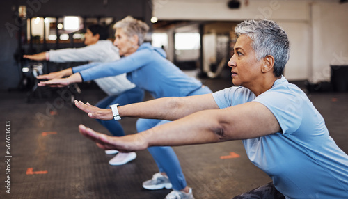 Teamwork, exercise and senior women stretching arms in gym for flexibility, health and wellness. Sports, training or group of elderly retired female friends workout or exercising together for fitness