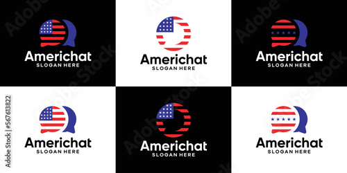 Collection of chat bubble logo design template with American flag design vector illustration. icon, symbol, creative.	