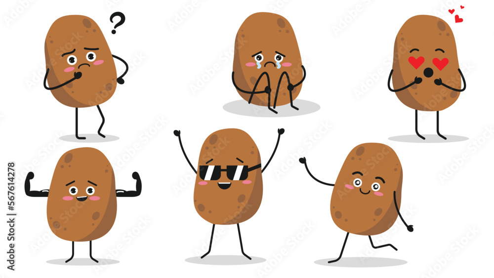 Set of cute potato characters in cartoon style. Vector illustration of
