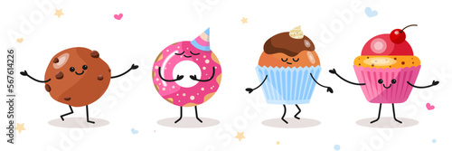 Set of cute sweet confectionery in cartoon style. Vector illustrations of funny chocolate cookies, donuts, chocolate and cherry cupcakes with different emotions and pose isolated on white background.