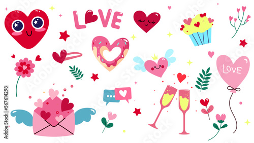 Set of different design elements for Valentine's Day and wedding in cartoon style. Vector illustration of icons with cute hearts, inscriptions, glasses, flowers and leaves, letter, ring, balloon.