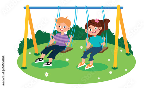 Vector illustration of happy children swinging on a swing. A cartoon scene of a smiling boy and girl swinging on a swing isolated on a white background.
