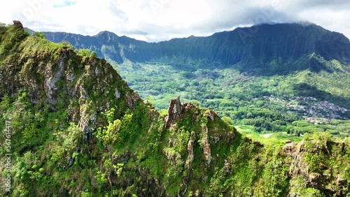 Drone Hawaii. Hiking olomana trail. Aerial view of Oahu windward side. Three Peaks Trail, mountains landscape in Kailua. Tropical paradise. photo