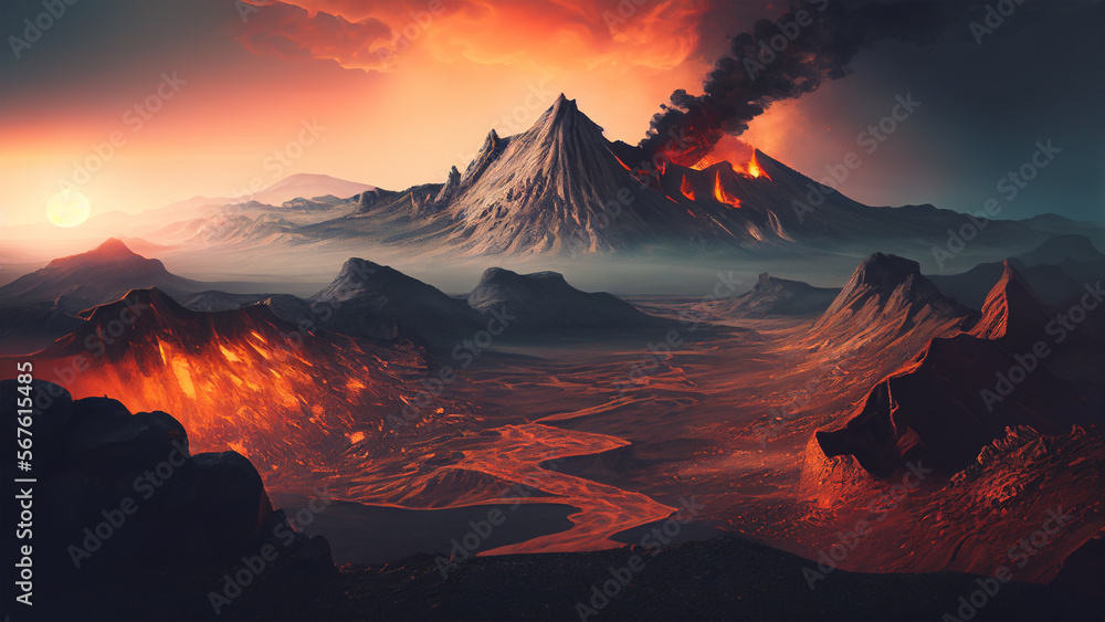 Fototapeta premium fantasy sunset in the volcano mountains