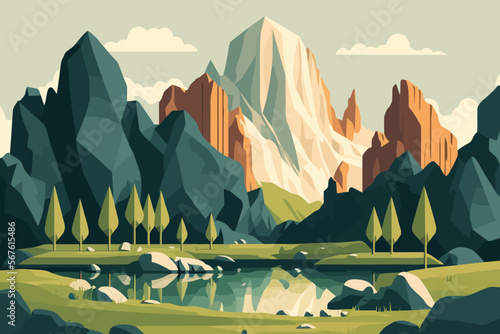 karts landscape nature with mountains and trees. Vector illustration in flat style.