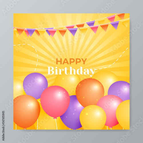 Colorful happy birthday anniversary thank you greeting card square background. Vector illustration. Romantic background with cute love balloon flag sale banner template, greeting card. Place for text.