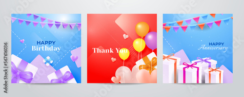 Colorful happy birthday anniversary thank you greeting card square background. Vector illustration. Romantic background with cute love balloon flag sale banner template, greeting card. Place for text.
