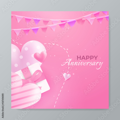 Pink happy birthday anniversary thank you greeting card square background. Vector illustration. Romantic background with cute love balloon flag sale banner template, greeting card. Place for text.