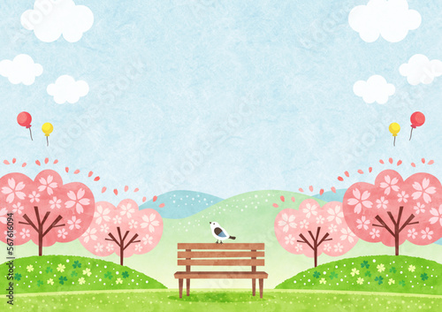 桜の咲く公園のベンチにとまる小鳥 春の水彩背景イラスト