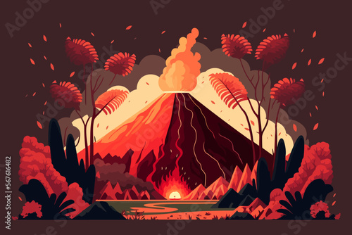 Volcanic eruption flat vector illustration. Landscape with volcano.
