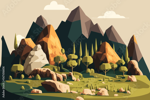 karts landscape nature with mountains and trees. Vector illustration in flat style.