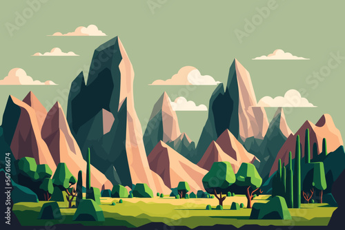 karts landscape nature with mountains and trees. Vector illustration in flat style.