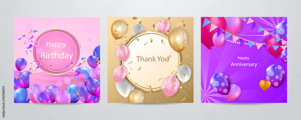 Colorful happy birthday anniversary thank you greeting card square background. Vector illustration. Romantic background with cute love balloon flag sale banner template, greeting card. Place for text. Colorful happy birthday anniversary thank you greeting card square background. Vector illustration. Romantic background with cute love balloon flag sale banner template, greeting card. Place for text.