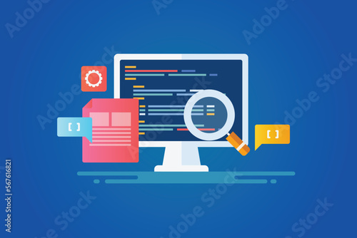 Web development coding on computer screen software application programming script language project data Information technology vector concept.
