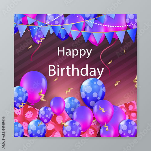 Colorful happy birthday anniversary thank you greeting card square background. Vector illustration. Romantic background with cute love balloon flag sale banner template, greeting card. Place for text.