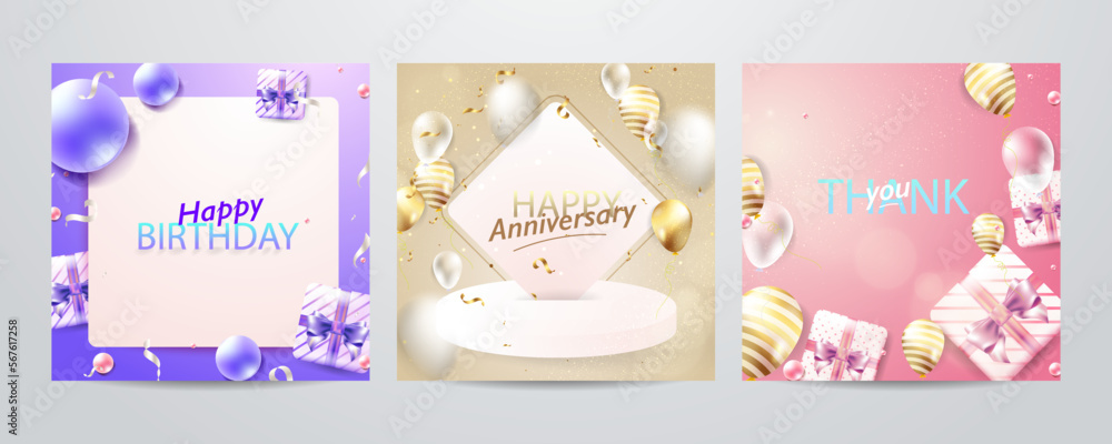 Colorful happy birthday anniversary thank you greeting card square background. Vector illustration. Romantic background with cute love balloon flag sale banner template, greeting card. Place for text.
