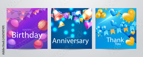 Photography Colorful happy birthday anniversary thank you greeting card square background