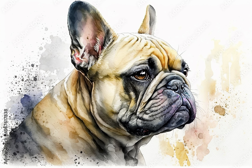 Cute French Bulldog watercolor painting isolated on white. Generative AI